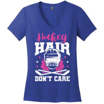 Hockey Hair DonT Care Funny Ice Hockey Player Coach Graphic Gift Women's V-Neck T-Shirt