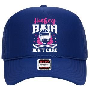 Hockey Hair DonT Care Funny Ice Hockey Player Coach Graphic Gift High Crown Mesh Back Trucker Hat