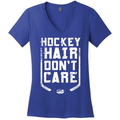 Hockey Hair DonT Care Ice Puck Player Funny Gift Women's V-Neck T-Shirt