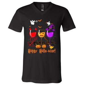 Happy Hallowine Drinking Scary Ghost Boo Pumpkin Halloween V-Neck T-Shirt