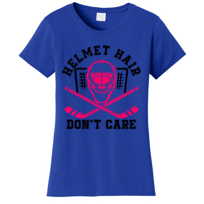 Helmet Hair Dont Care Funny Pink Hockey Mask Cool Gift Women's T-Shirt