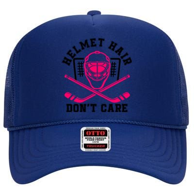 Helmet Hair Dont Care Funny Pink Hockey Mask Cool Gift High Crown Mesh Back Trucker Hat