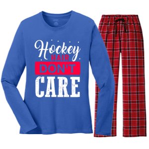 Hockey Hair Dont Care Funny Goalie Ice Sport Cute Gift Women's Long Sleeve Flannel Pajama Set 