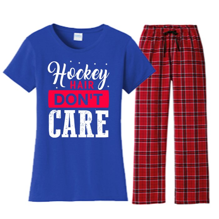 Hockey Hair Dont Care Funny Goalie Ice Sport Cute Gift Women's Flannel Pajama Set