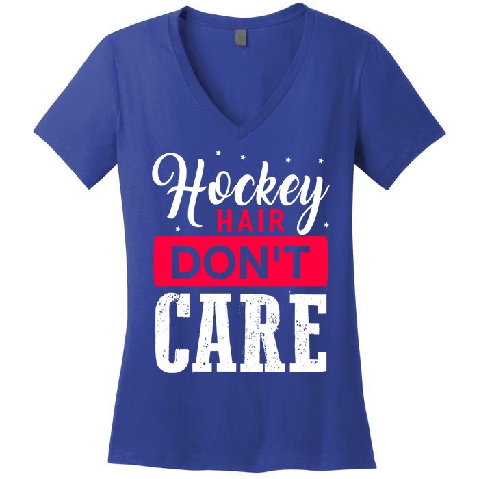 Hockey Hair Dont Care Funny Goalie Ice Sport Cute Gift Women's V-Neck T-Shirt