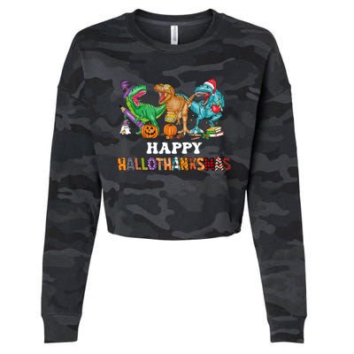 Happy Hallothanksmas Dinossaur Trex Cropped Pullover Crew