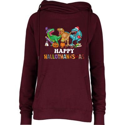 Happy Hallothanksmas Dinossaur Trex Womens Funnel Neck Pullover Hood