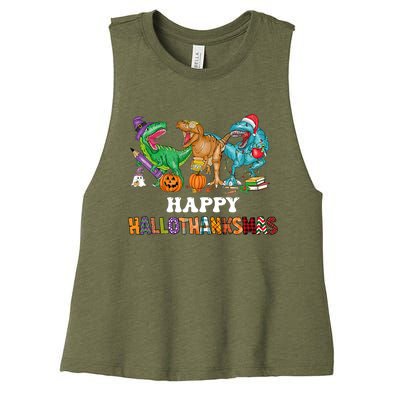 Happy Hallothanksmas Dinossaur Trex Women's Racerback Cropped Tank