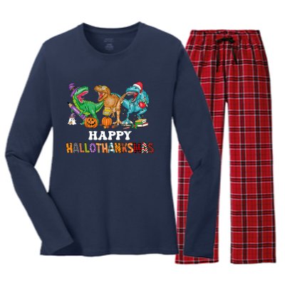 Happy Hallothanksmas Dinossaur Trex Women's Long Sleeve Flannel Pajama Set 