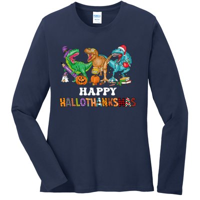 Happy Hallothanksmas Dinossaur Trex Ladies Long Sleeve Shirt