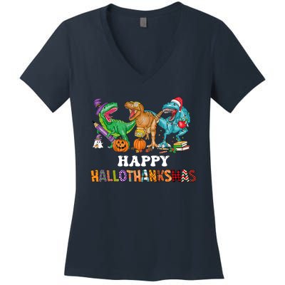 Happy Hallothanksmas Dinossaur Trex Women's V-Neck T-Shirt