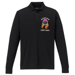 Hockey Hair DonT Care Funny Ice Hockey Gift Performance Long Sleeve Polo