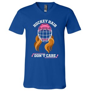 Hockey Hair DonT Care Funny Ice Hockey Gift V-Neck T-Shirt