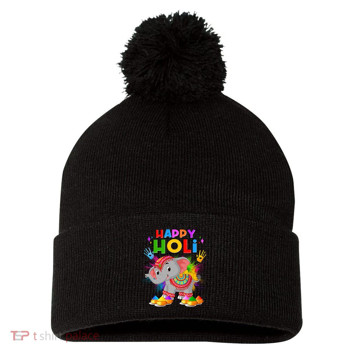Happy Holi Elephant Celebrating Hindu Holiday Pom Pom 12in Knit Beanie