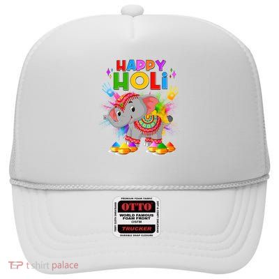 Happy Holi Elephant Celebrating Hindu Holiday High Crown Mesh Back Trucker Hat