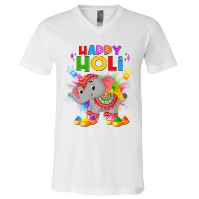 Happy Holi Elephant Celebrating Hindu Holiday V-Neck T-Shirt