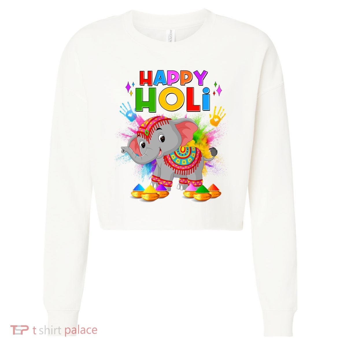 Happy Holi Elephant Celebrating Hindu Holiday Cropped Pullover Crew