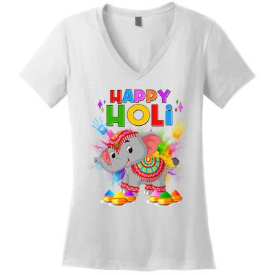 Happy Holi Elephant Celebrating Hindu Holiday Women's V-Neck T-Shirt