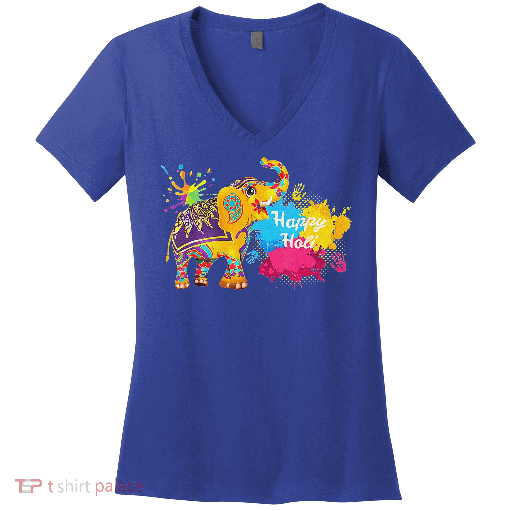 Happy Holi Elephant For Color India Hindu Women's V-Neck T-Shirt