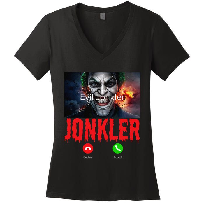 Humor Halloween Evil Jonkler Is Calling Evil Jonkler Women's V-Neck T-Shirt