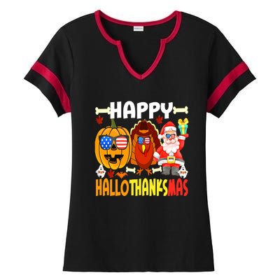 Happy HalloThanksMas Funny Pumpkin Ladies Halftime Notch Neck Tee