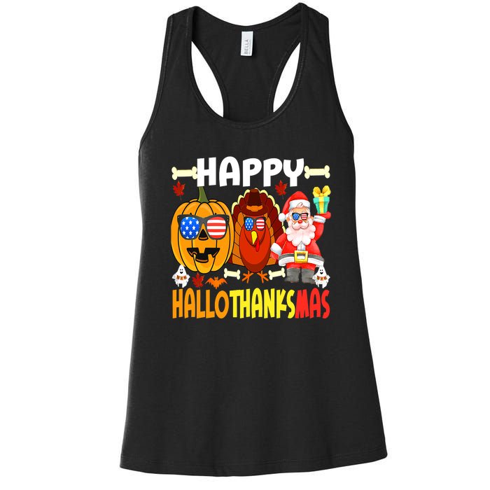 Happy HalloThanksMas Funny Pumpkin Women's Racerback Tank