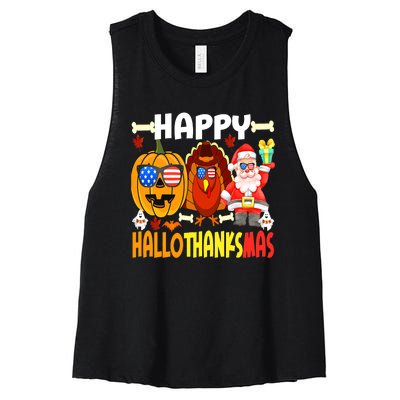 Happy HalloThanksMas Funny Pumpkin Women's Racerback Cropped Tank