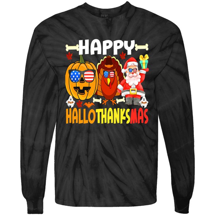 Happy HalloThanksMas Funny Pumpkin Tie-Dye Long Sleeve Shirt