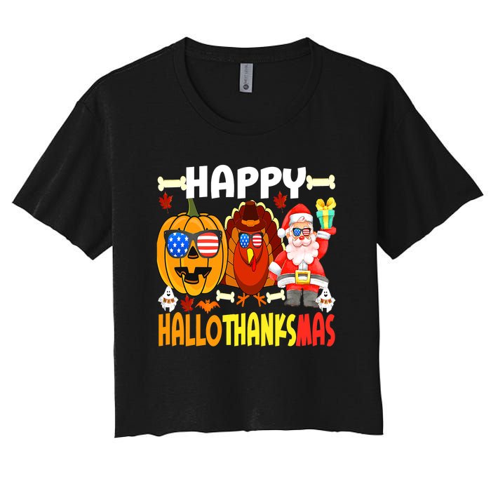 Happy HalloThanksMas Funny Pumpkin Women's Crop Top Tee