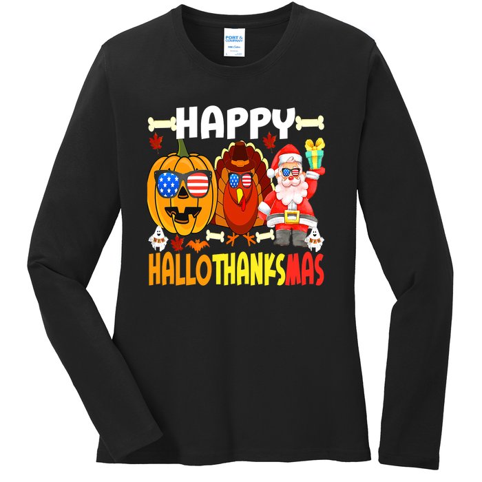 Happy HalloThanksMas Funny Pumpkin Ladies Long Sleeve Shirt