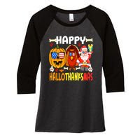 Happy HalloThanksMas Funny Pumpkin Women's Tri-Blend 3/4-Sleeve Raglan Shirt