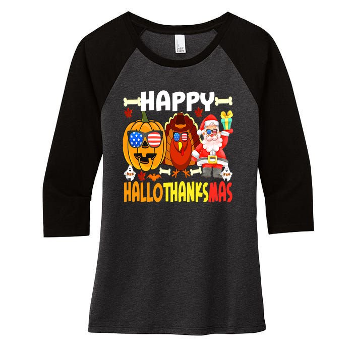 Happy HalloThanksMas Funny Pumpkin Women's Tri-Blend 3/4-Sleeve Raglan Shirt