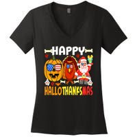 Happy HalloThanksMas Funny Pumpkin Women's V-Neck T-Shirt