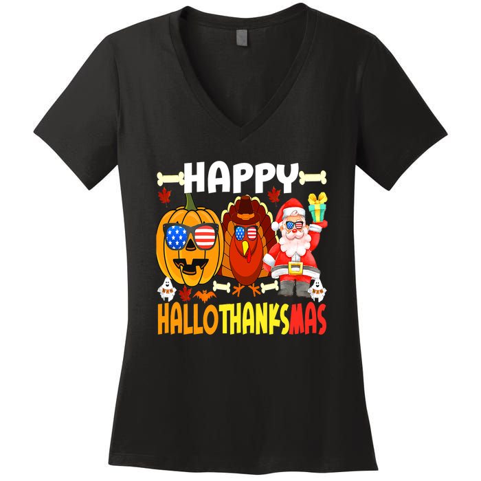 Happy HalloThanksMas Funny Pumpkin Women's V-Neck T-Shirt