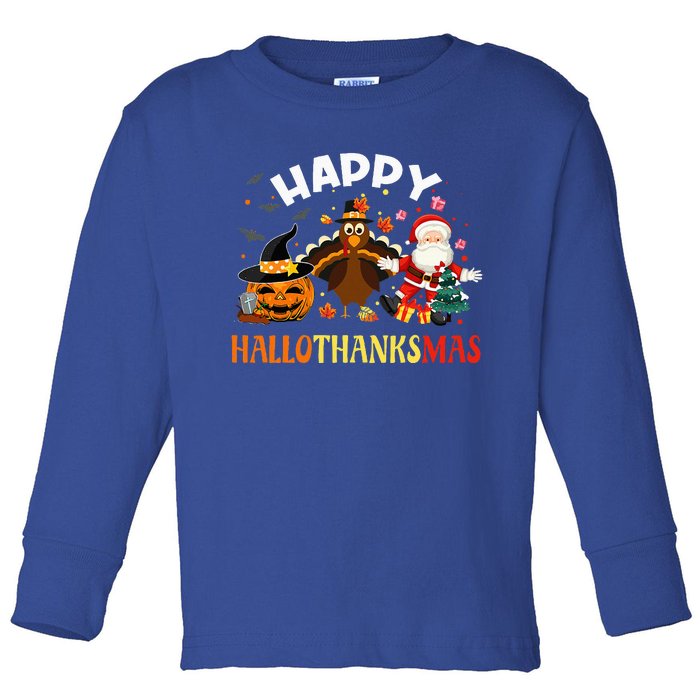 Happy Hallothanksmas Funny Halloween Thanksgiving Christmas Toddler Long Sleeve Shirt