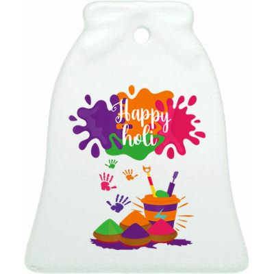 Happy Holi Festival Outfit For Family Ceramic Bell Ornament