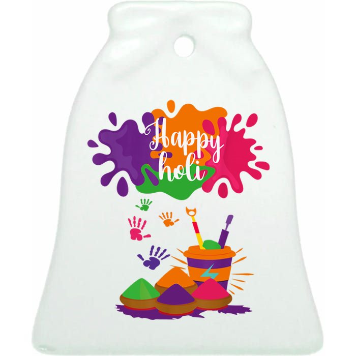 Happy Holi Festival Outfit For Family Ceramic Bell Ornament