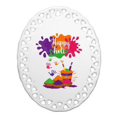 Happy Holi Festival Outfit For Family Ceramic Oval Ornament