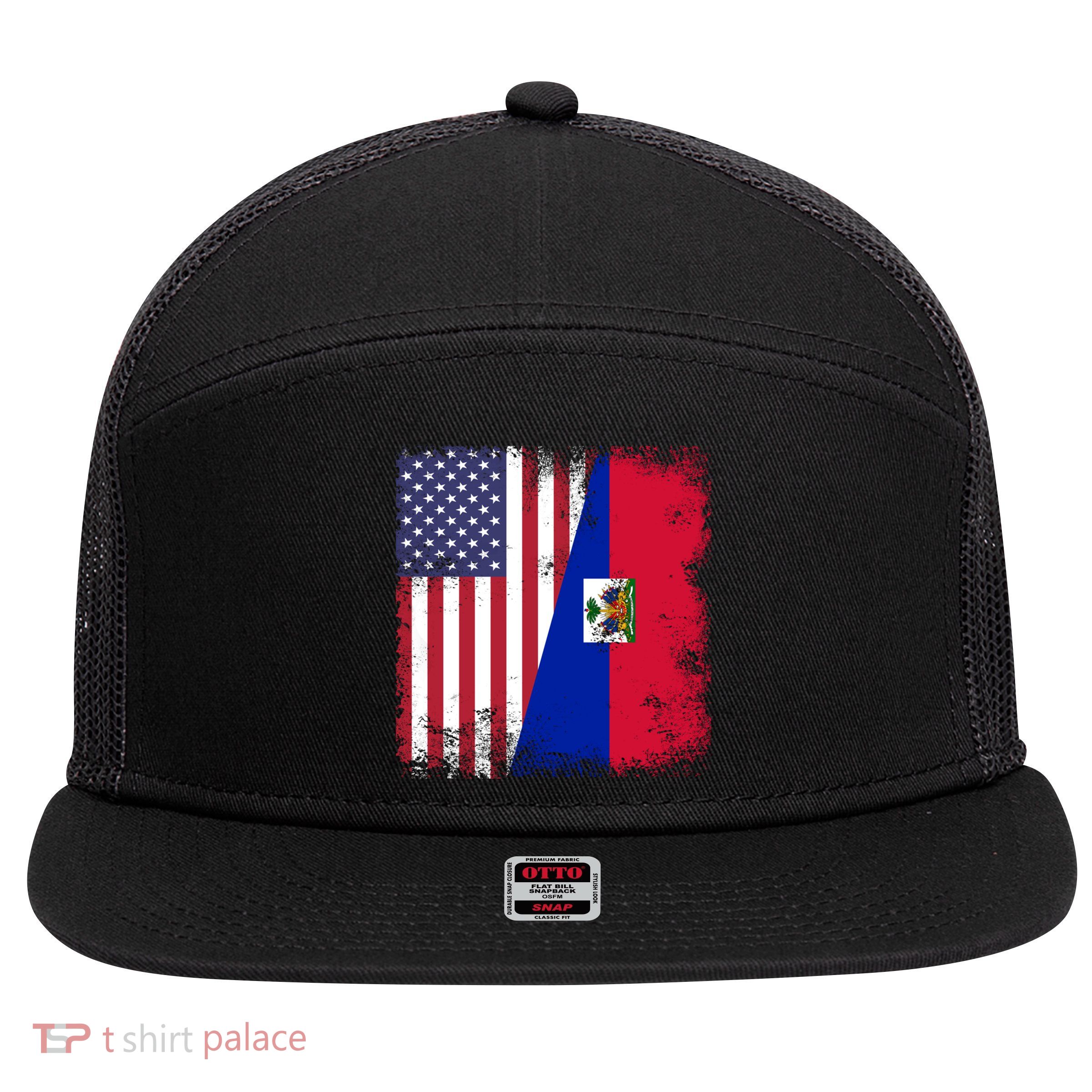 Half Haitian Flag Vintage Haiti Usa Gift 7 Panel Mesh Trucker Snapback Hat
