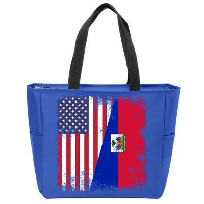Half Haitian Flag Vintage Haiti Usa Gift Zip Tote Bag