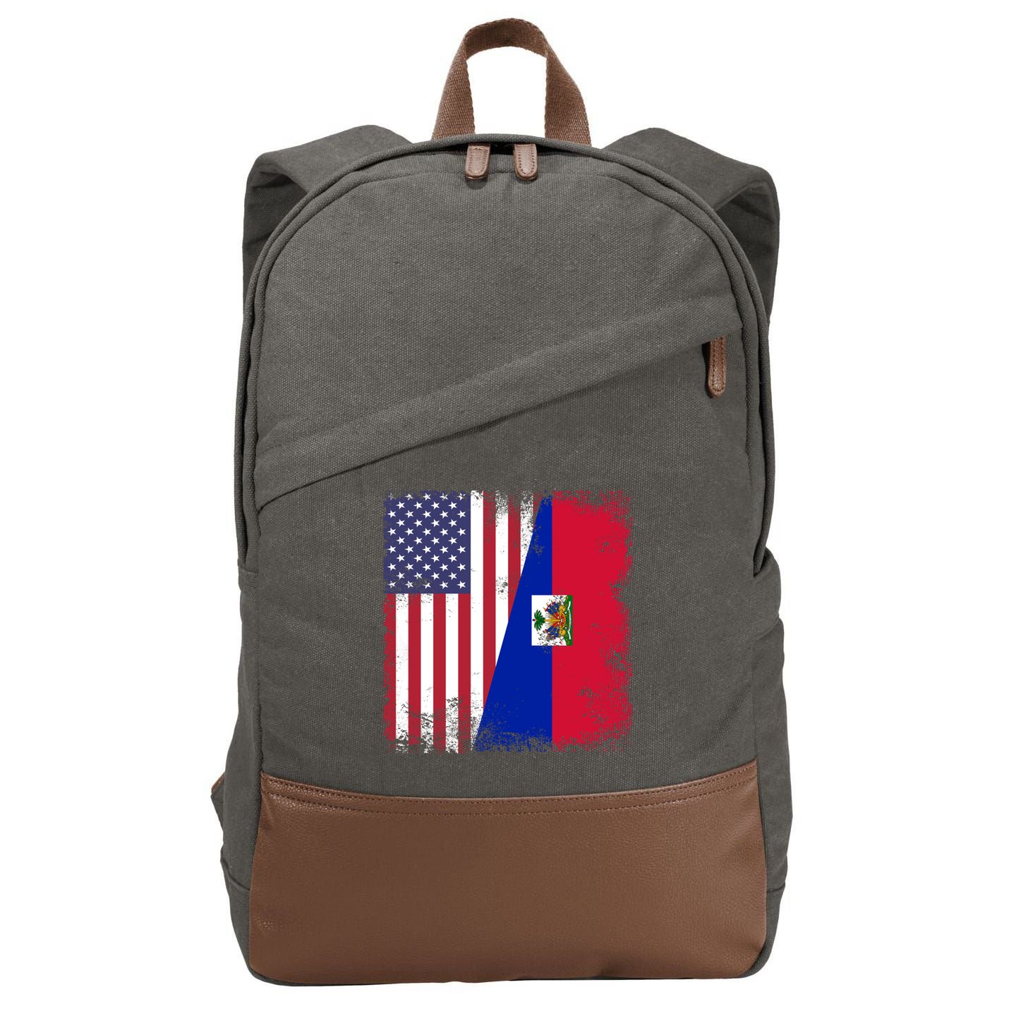 Half Haitian Flag Vintage Haiti Usa Gift Cotton Canvas Backpack