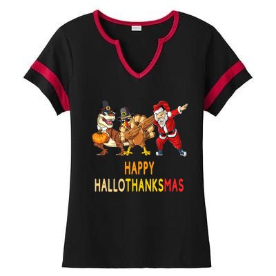 Happy Hallothanksmas Funny Halloween Thanksgiving Christmas Ladies Halftime Notch Neck Tee