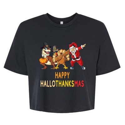 Happy Hallothanksmas Funny Halloween Thanksgiving Christmas Bella+Canvas Jersey Crop Tee