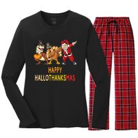 Happy Hallothanksmas Funny Halloween Thanksgiving Christmas Women's Long Sleeve Flannel Pajama Set 