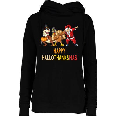 Happy Hallothanksmas Funny Halloween Thanksgiving Christmas Womens Funnel Neck Pullover Hood