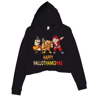 Happy Hallothanksmas Funny Halloween Thanksgiving Christmas Crop Fleece Hoodie