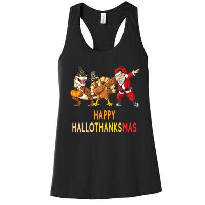 Happy Hallothanksmas Funny Halloween Thanksgiving Christmas Women's Racerback Tank