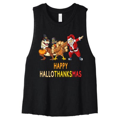 Happy Hallothanksmas Funny Halloween Thanksgiving Christmas Women's Racerback Cropped Tank