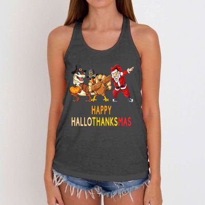 Happy Hallothanksmas Funny Halloween Thanksgiving Christmas Women's Knotted Racerback Tank