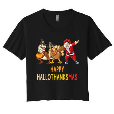 Happy Hallothanksmas Funny Halloween Thanksgiving Christmas Women's Crop Top Tee